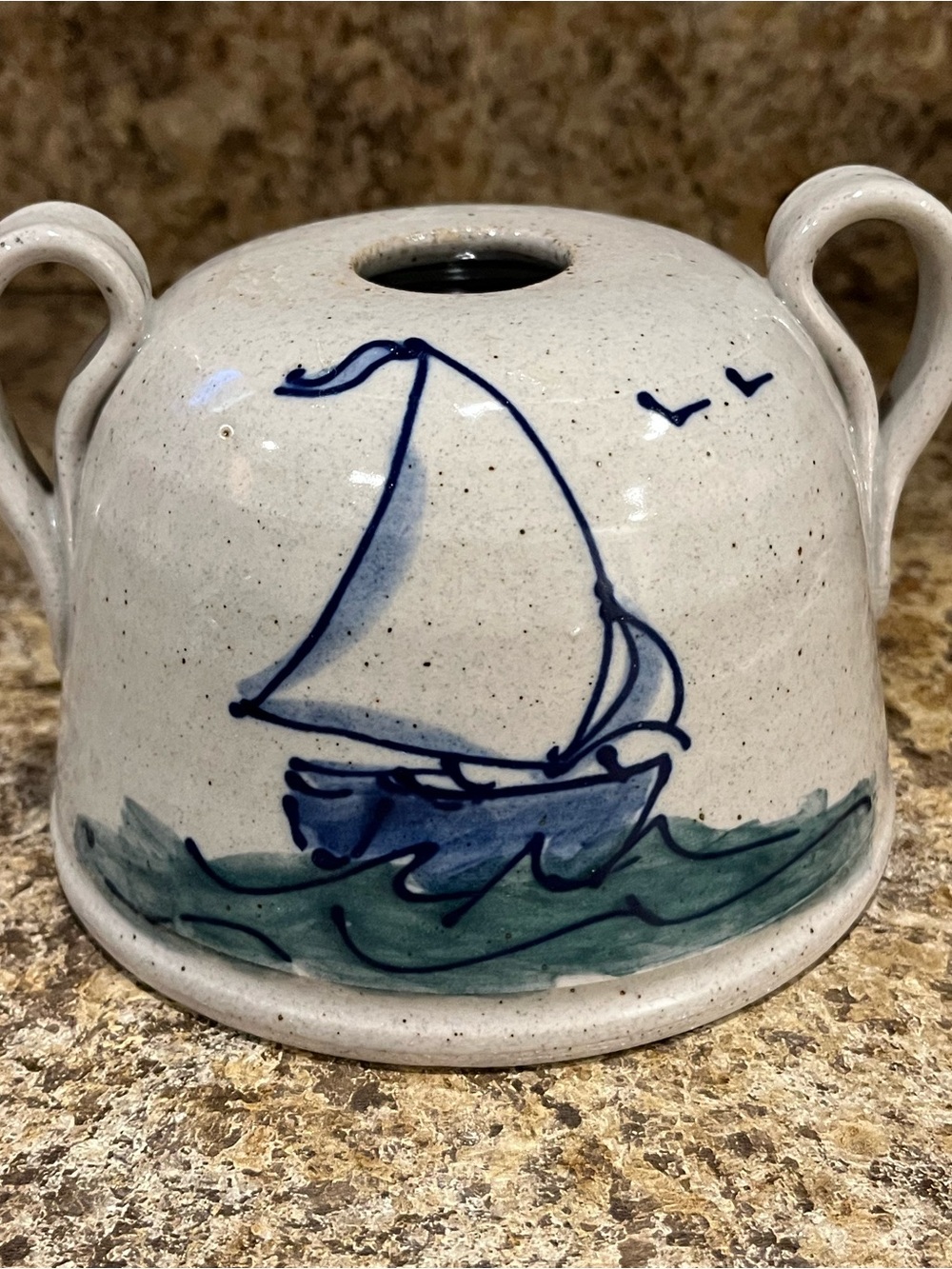Great Bay Pottery Hand-Painted Vase with Blue Sailboat Motif